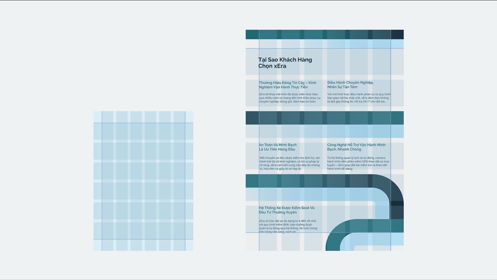 Abstract geometric design featuring blue and white grid patterns, accompanied by text sections in a modern layout.