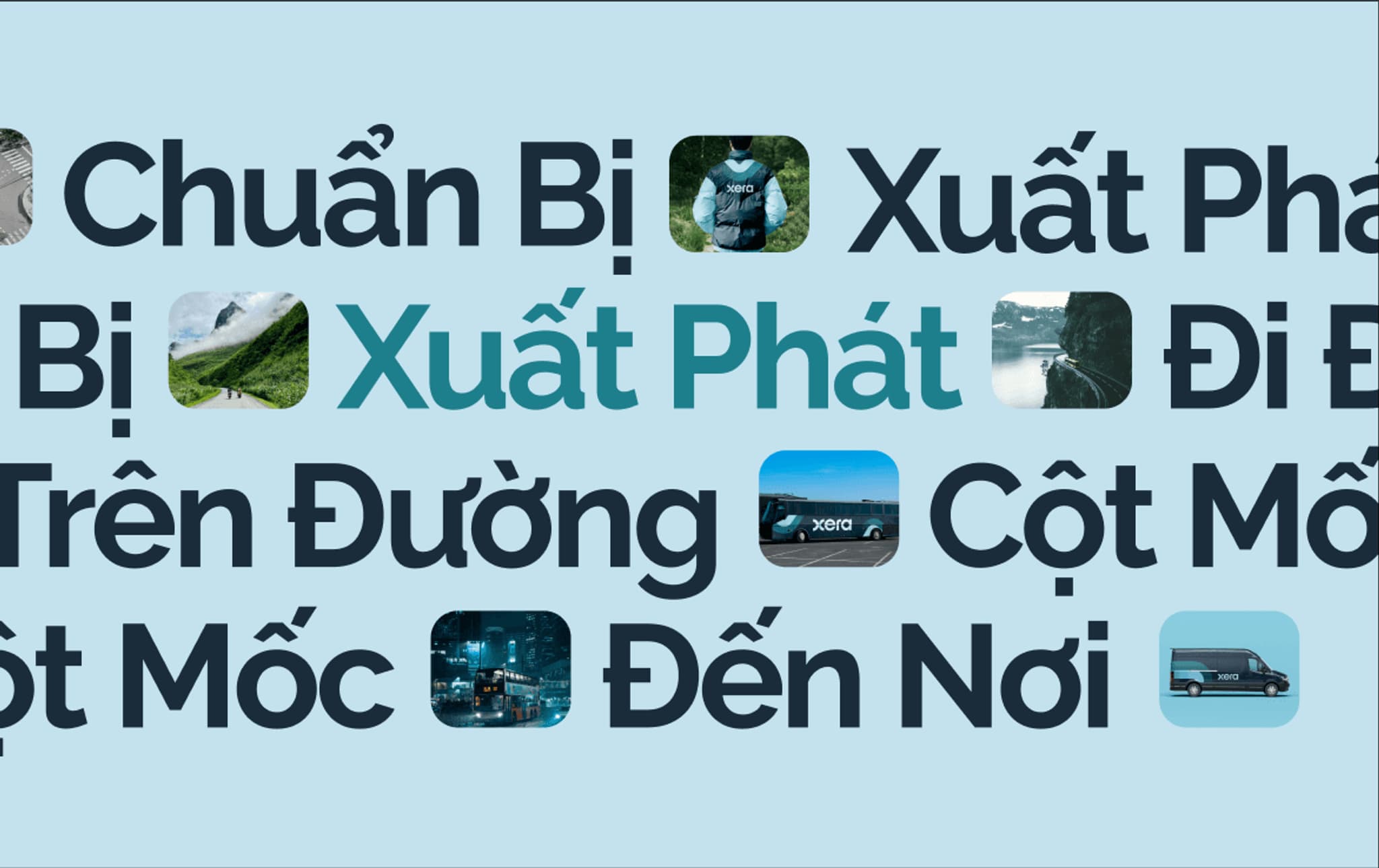 Text in Vietnamese promoting travel, featuring various images related to transportation and readiness for departure.