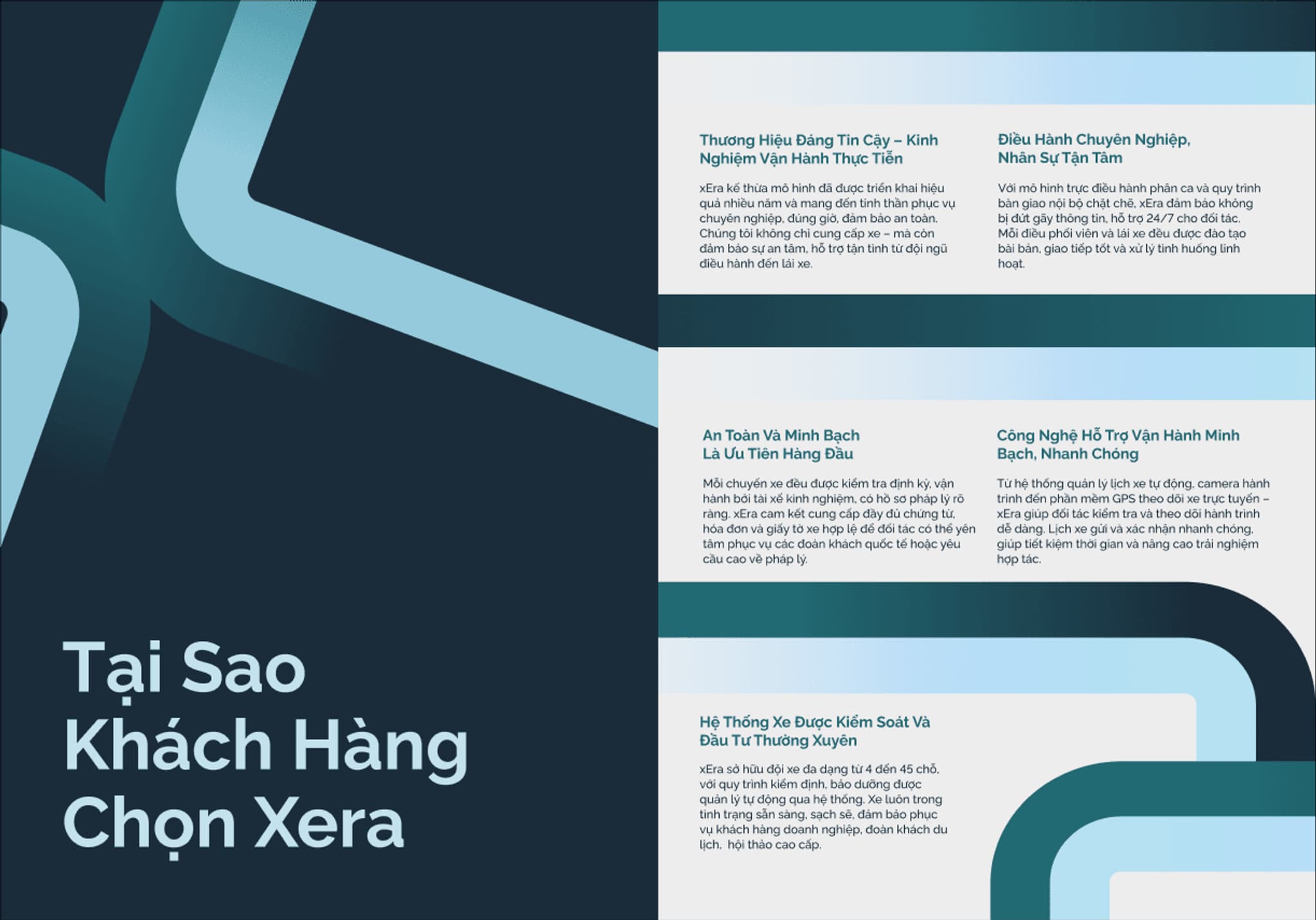 Text in Vietnamese explaining why customers choose Xera, with a modern design featuring blue and green geometric shapes.