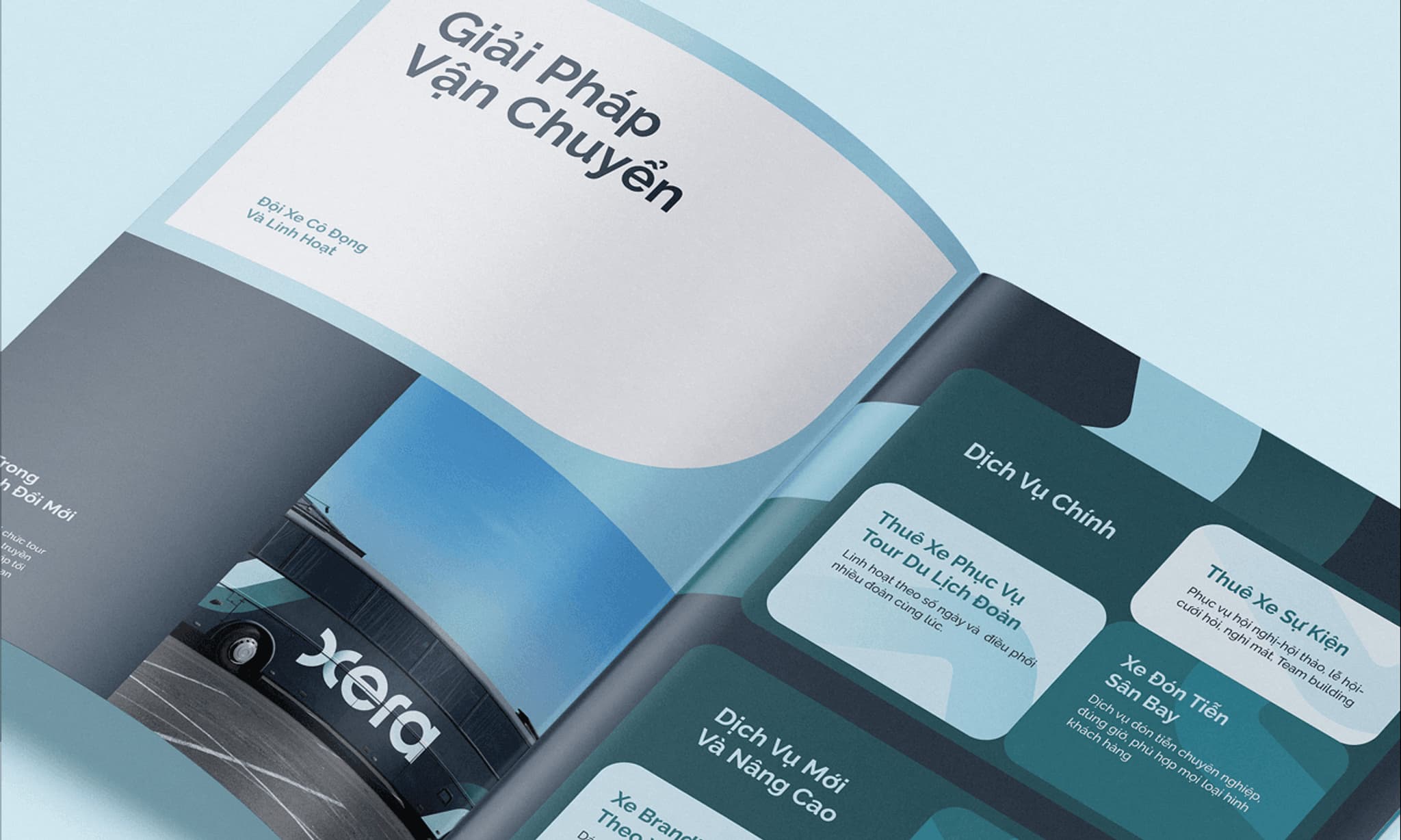 Brochure showcasing Xera's transportation solutions, featuring vibrant design and service highlights in Vietnamese text.