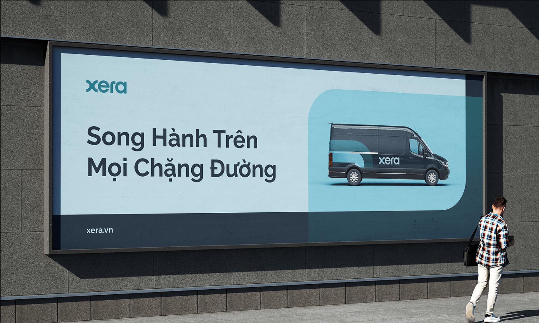 Billboard advertisement for Xera showcasing delivery van with Vietnamese text promoting their services.