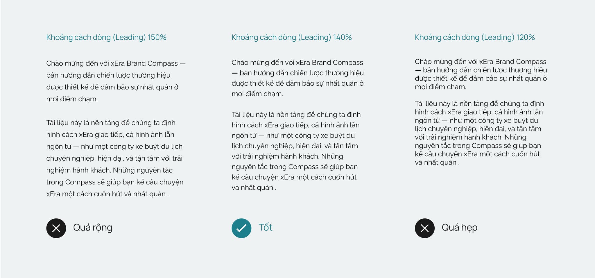 Text in Vietnamese discussing brand compass and leading settings, presenting options for different leading values in typography.